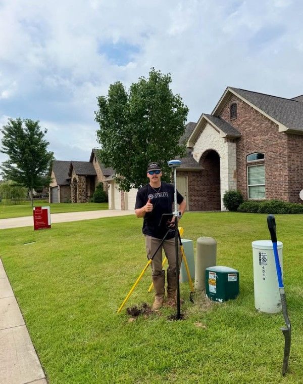 A man is standing in the grass in front of a brick house