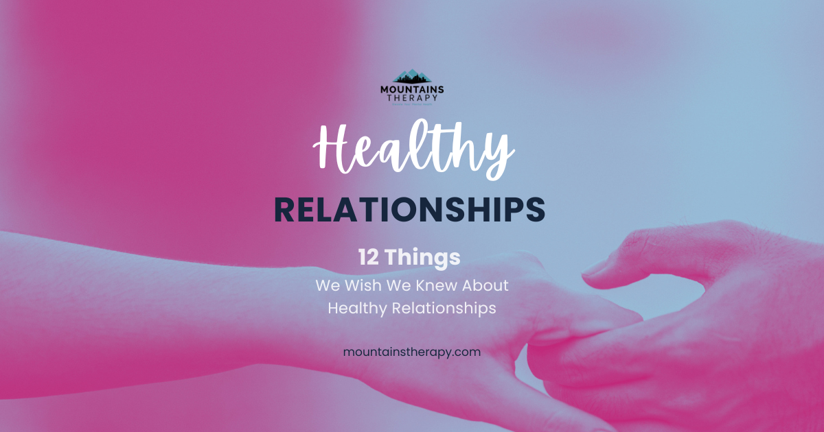 Healthy Relationships poster with pink background and hands touching, titled “12 Things”