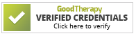 GoodTherapy Verified Credentials badge: a green checkmark and text indicating verified credentials.