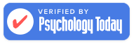 Blue badge with a red checkmark and the words
