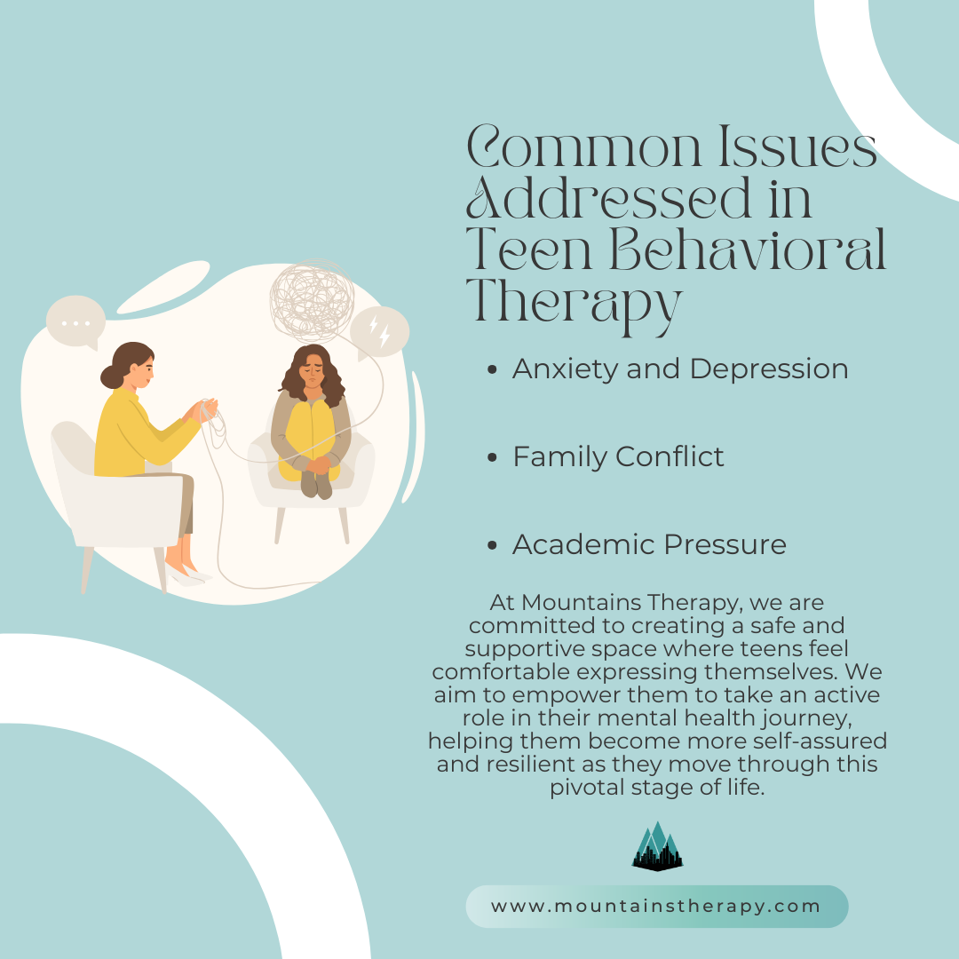 Teen behavioral therapy ad: woman & teen in therapy, common issues listed, text, blue background.