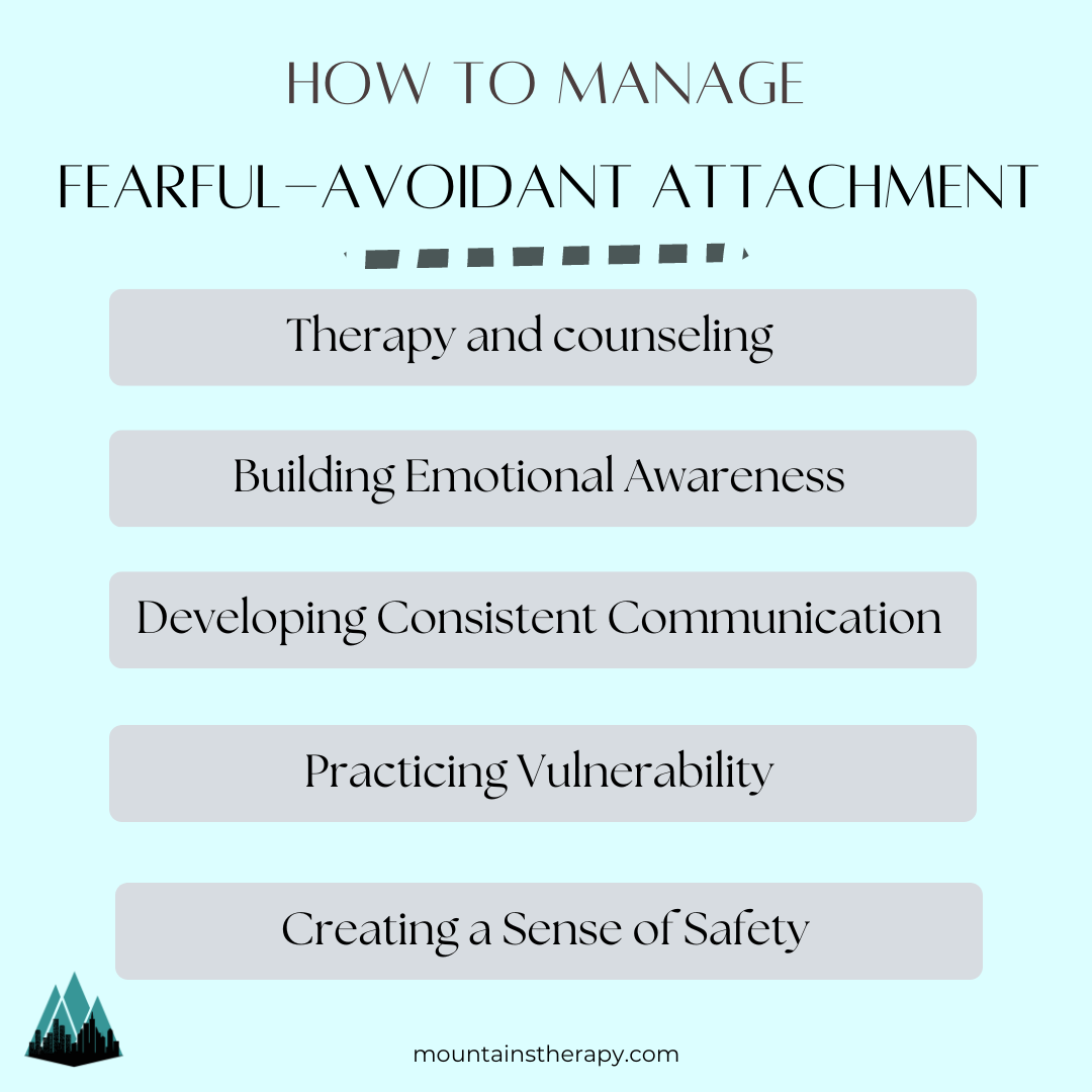 Infographic: tips for managing harmful avoidant attachment, with text on a blue background.