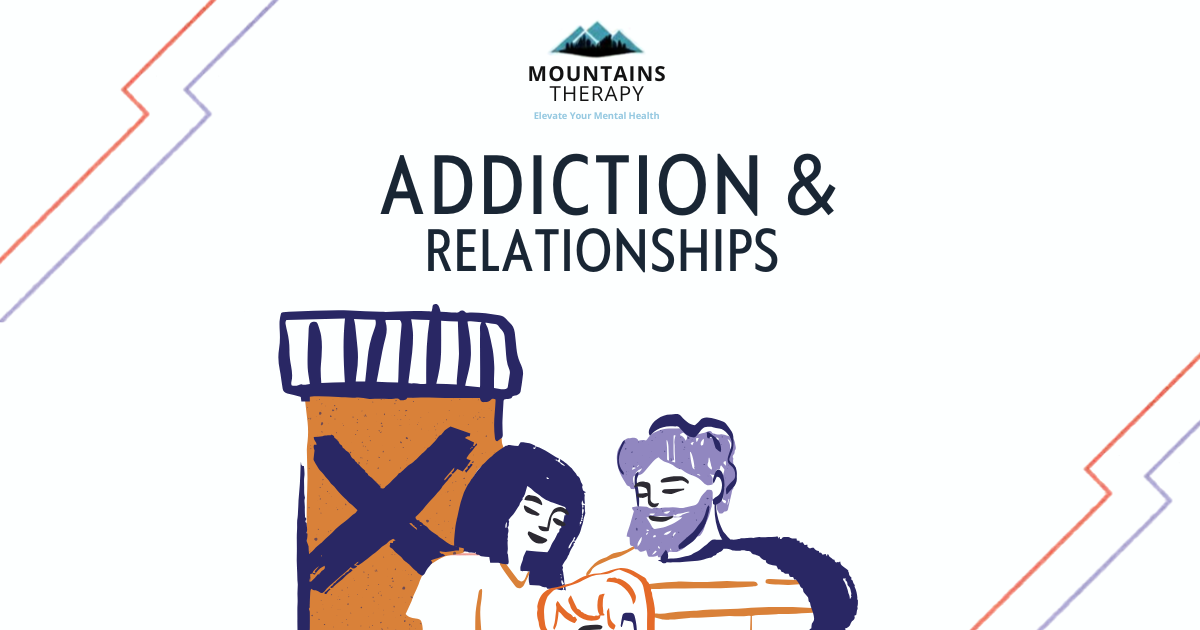 “Addiction & Relationships” poster with illustrated people and an orange barrel marked with an X.