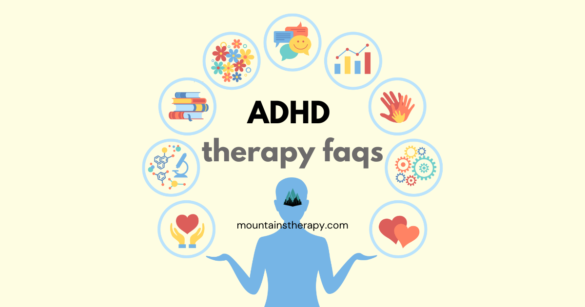 ADHD therapy FAQs graphic: a person with a brain graphic holds icons representing various therapy areas.