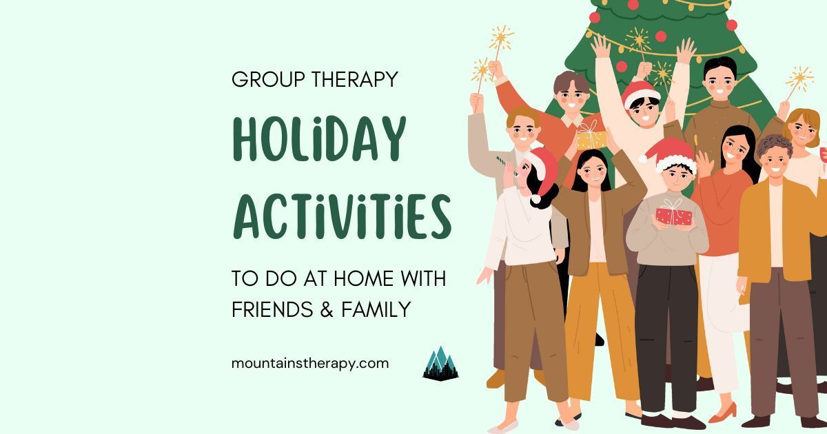 Illustration of diverse group with a Christmas tree. Text: Group Therapy Holiday Activities.