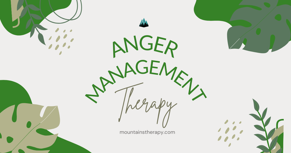 Anger Management Therapy title with green foliage on a light beige background.