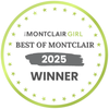 Montclair Girl Best of Montclair 2025 Winner badge. Green circle with stars, text, and gray paint stroke.