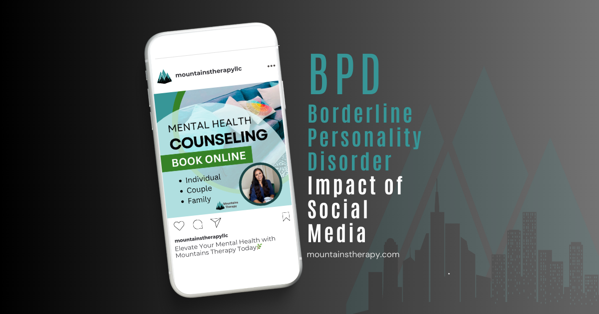 Smartphone displaying social media post about BPD and the impact of social media, with dark background.