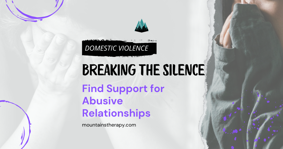 Domestic violence awareness graphic: woman's face covered, title 