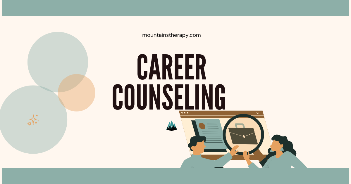 Career Counseling: People looking at computer, magnifying glass, circles and text on a cream background.