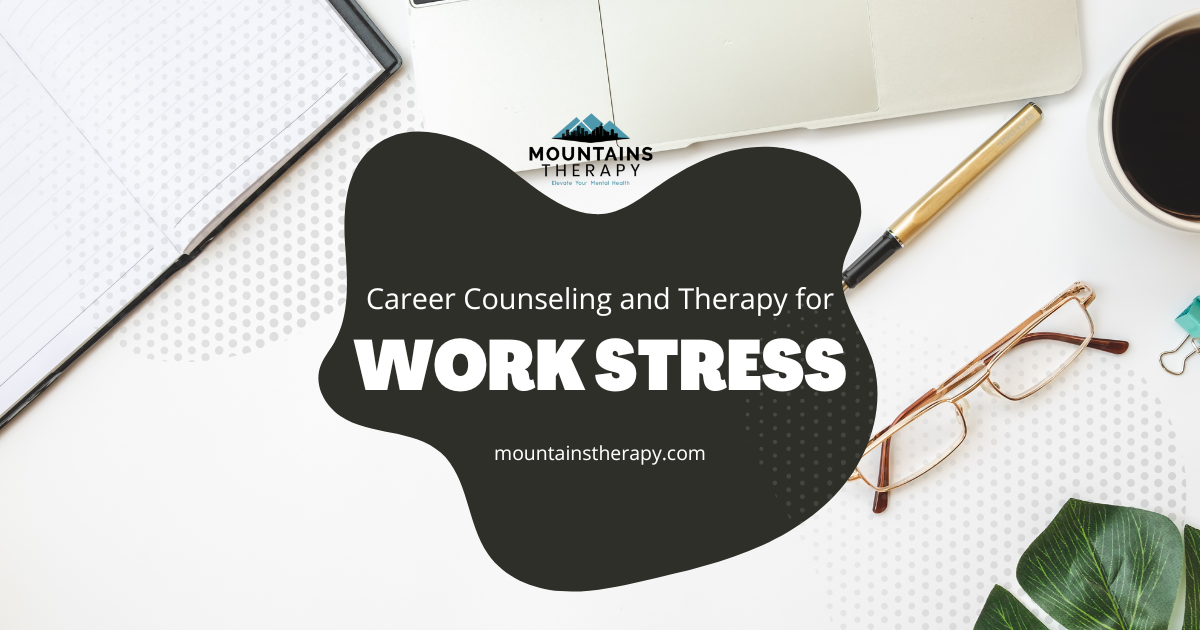 Work stress title on black shape over desk with notebook, pencil, glasses, and green plant