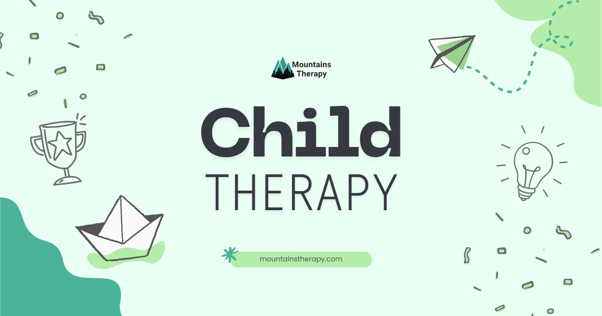Child Therapy title card with green and white accents, featuring a paper boat, star, and idea bulb.