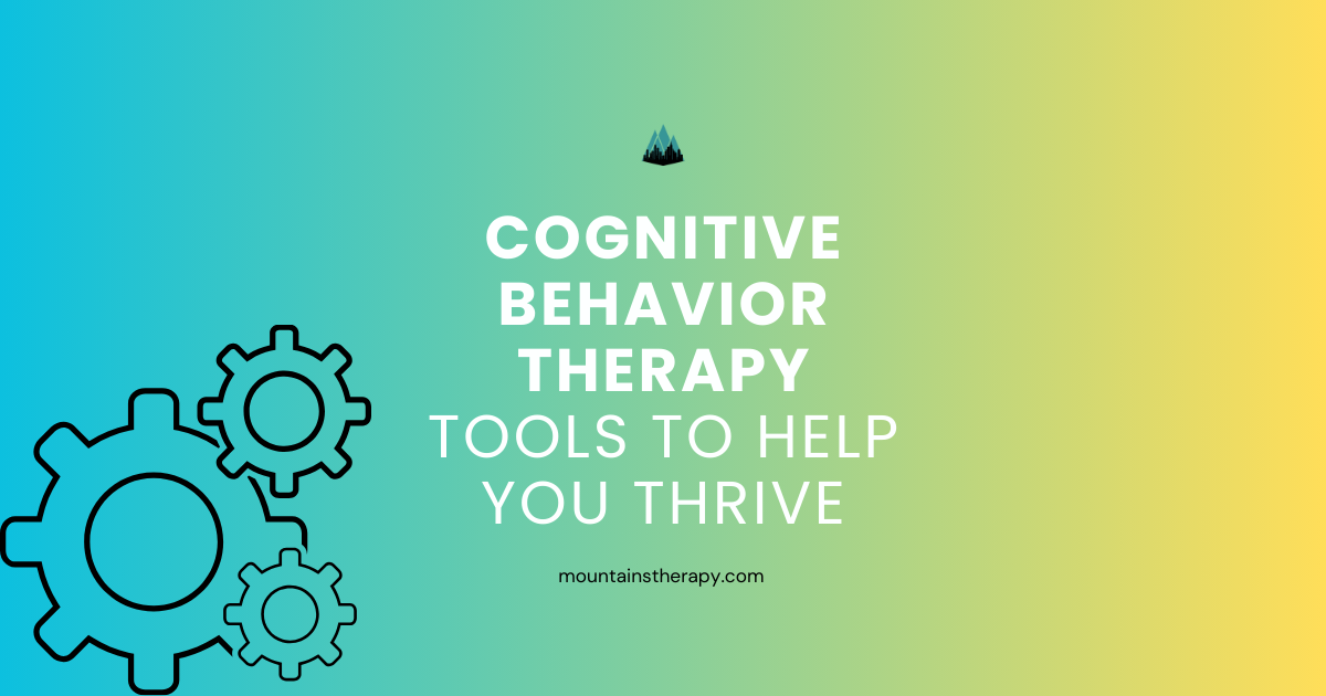 Title slide for Cognitive Behavior Therapy: text with gears on a blue to yellow gradient background.