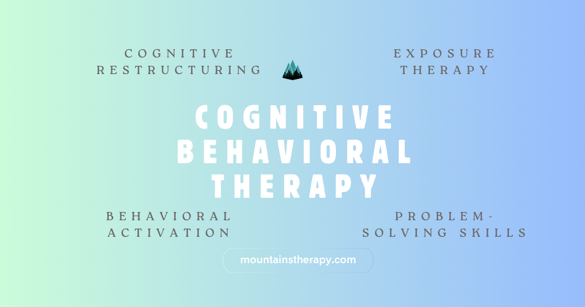 Graphic on cognitive behavioral therapy. Blue-green gradient background. 