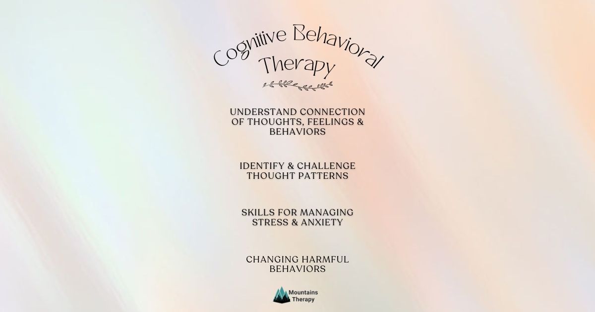 A Cognitive Behavioral Therapy graphic: text on a light background. Focuses on challenging thought patterns.