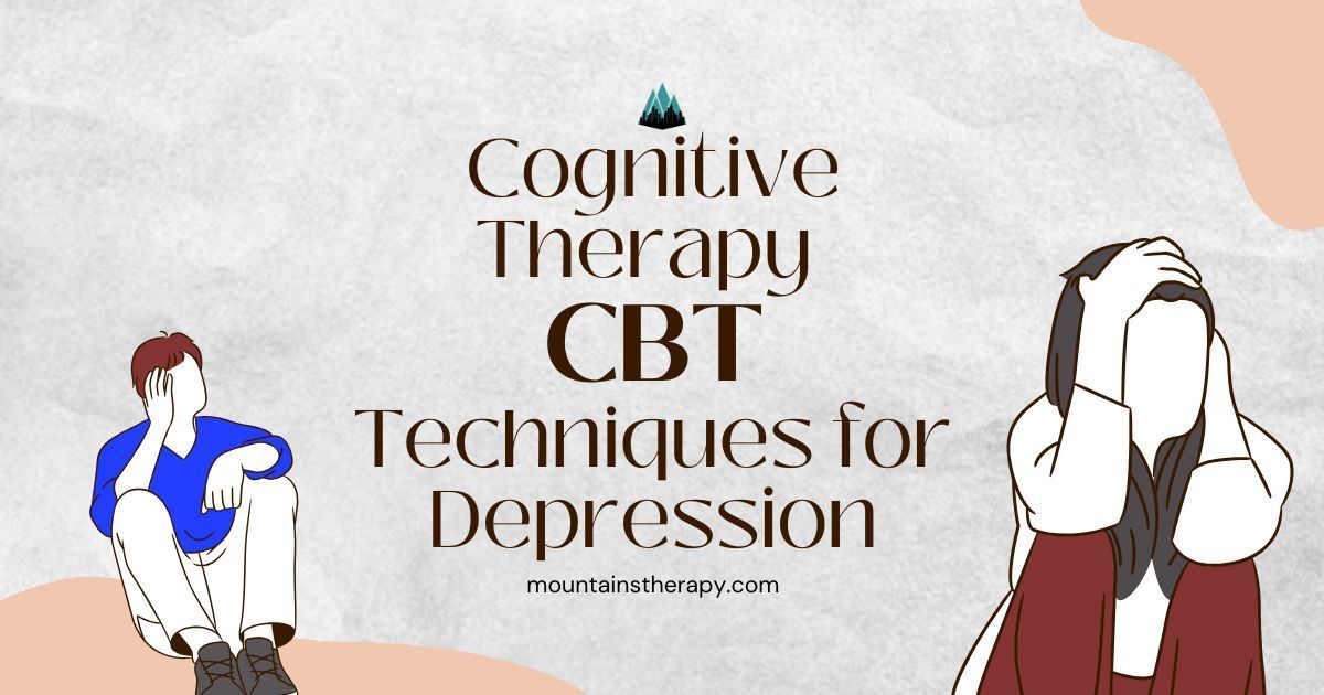 CBT techniques for depression. Illustration shows a person with head in hands and another person sitting.