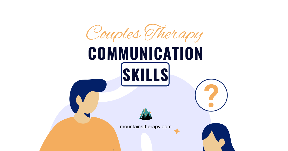Illustration promoting couples therapy, highlighting communication skills. Features a man, woman, question mark, and text.