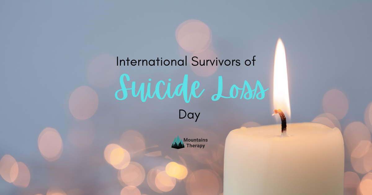 A lit candle with text: International Survivors of Suicide Loss Day. Bokeh background.