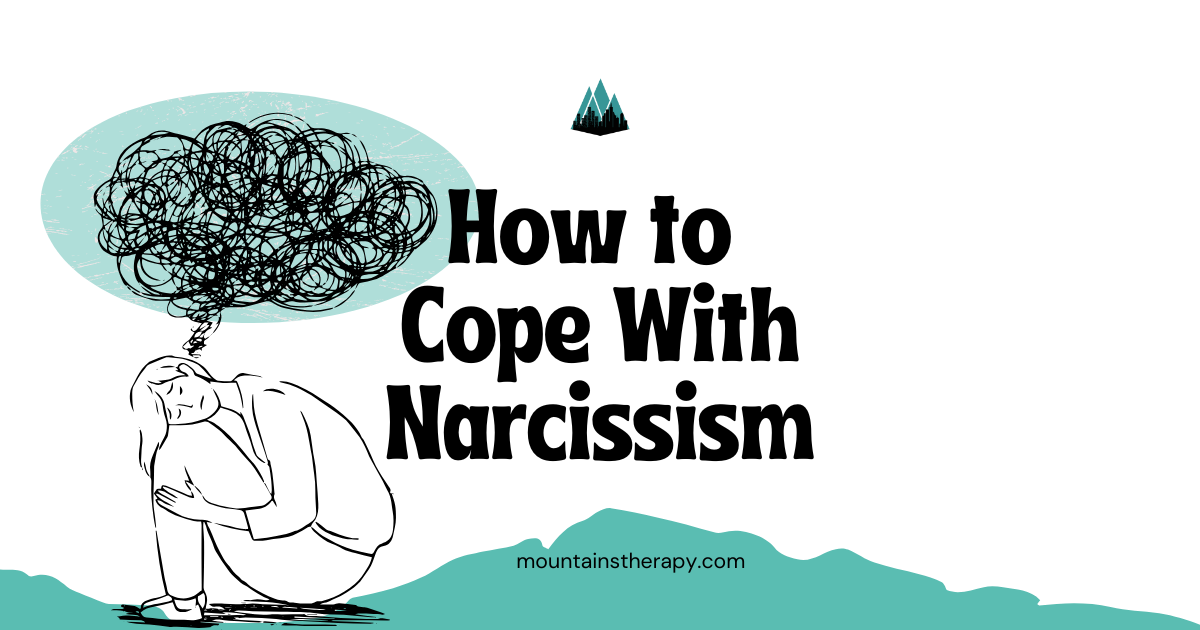 A person curled up in distress, with a thought bubble that reads