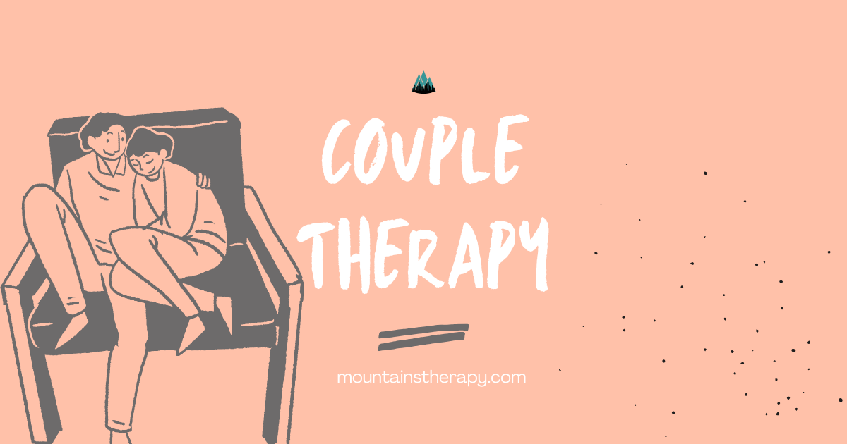 Couple embracing on a couch, title
