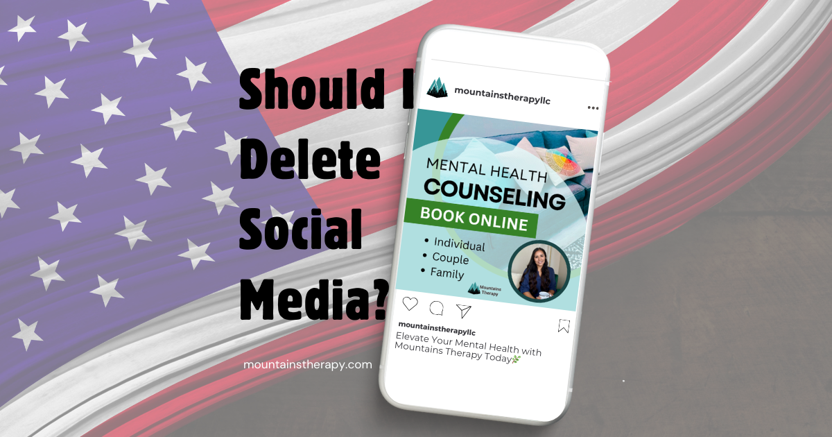 Smartphone with counseling advertisement against American flag; text
