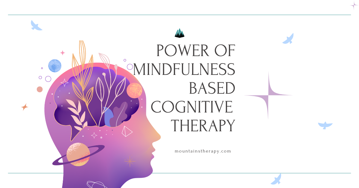 Head silhouette with brain imagery promoting mindfulness-based cognitive therapy. Purple, gold, and white colors.
