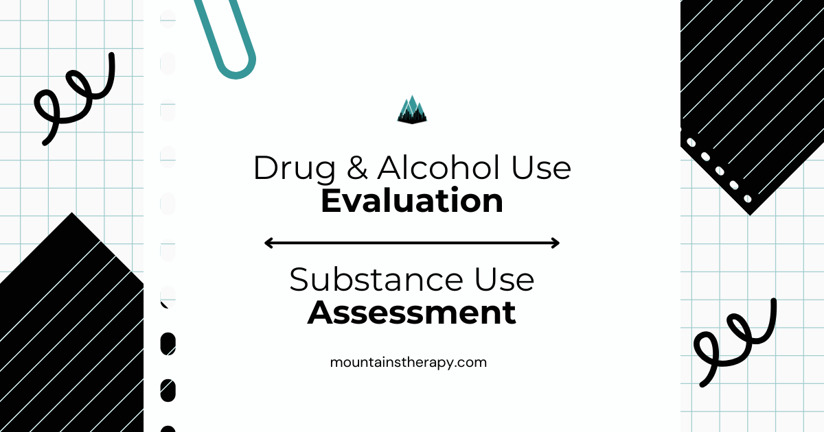 Drug & Alcohol Use Evaluation and Substance Use Assessment title card. Decorative, light background.