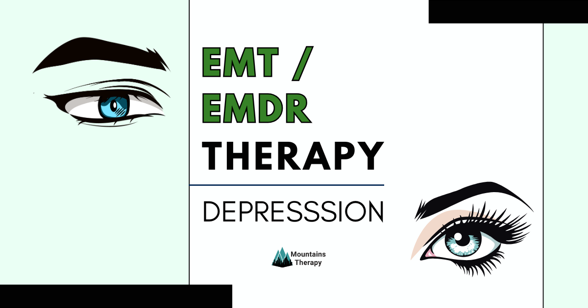 Eyes with therapy text: EMT / EMDR Therapy, Depression. Light green, white background.
