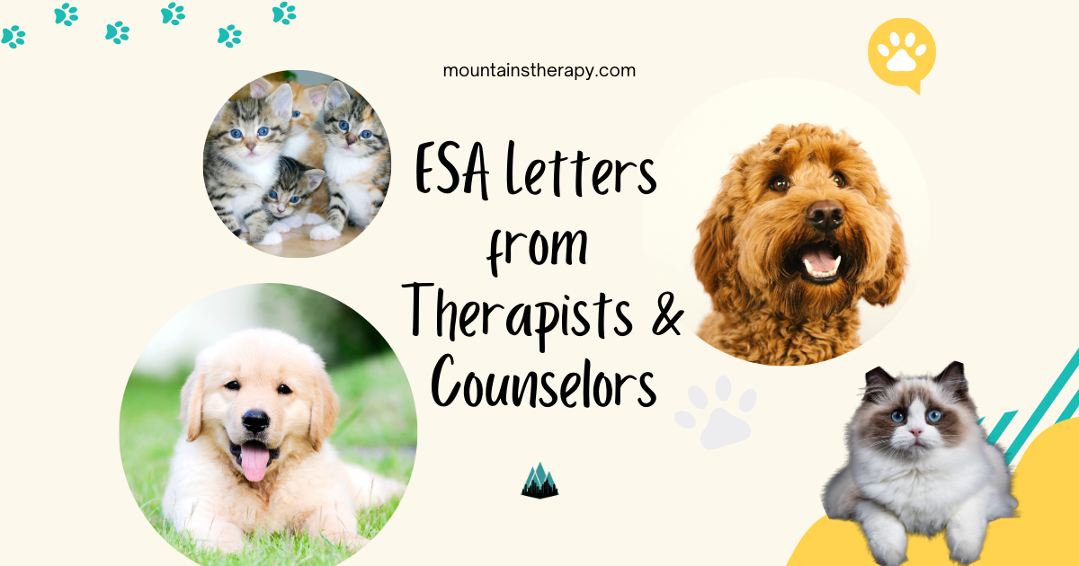 Advertisement for ESA letters from therapists featuring pet photos.