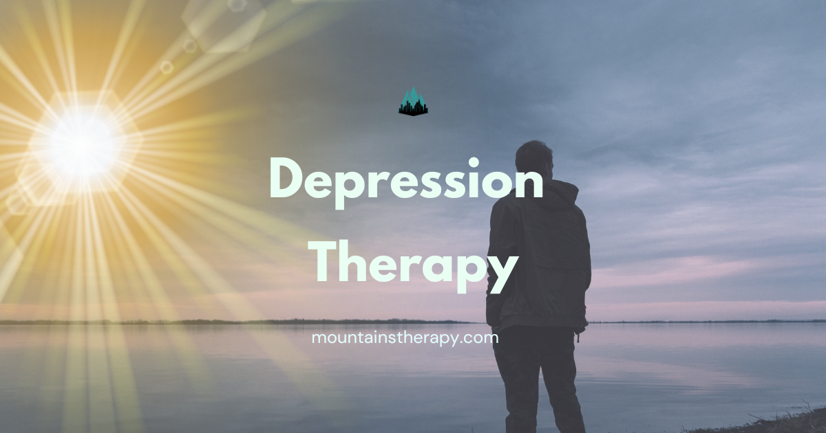 Person standing on the shore looking at water, sun shining. Text: Depression Therapy.