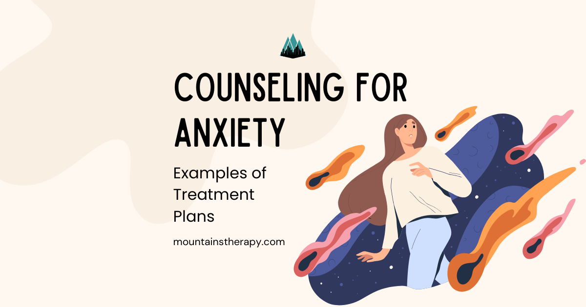 Counseling for Anxiety. Illustration of a woman surrounded by colorful shapes; text states