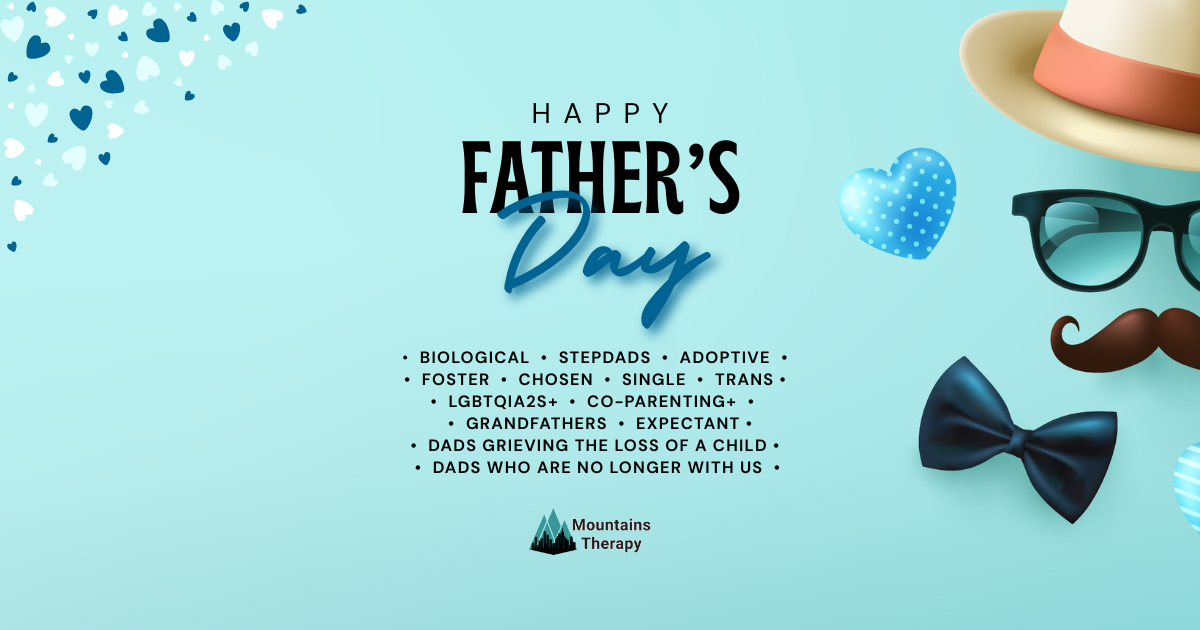 Happy Father's Day graphic with a hat, glasses, mustache, and bow tie on a blue background.