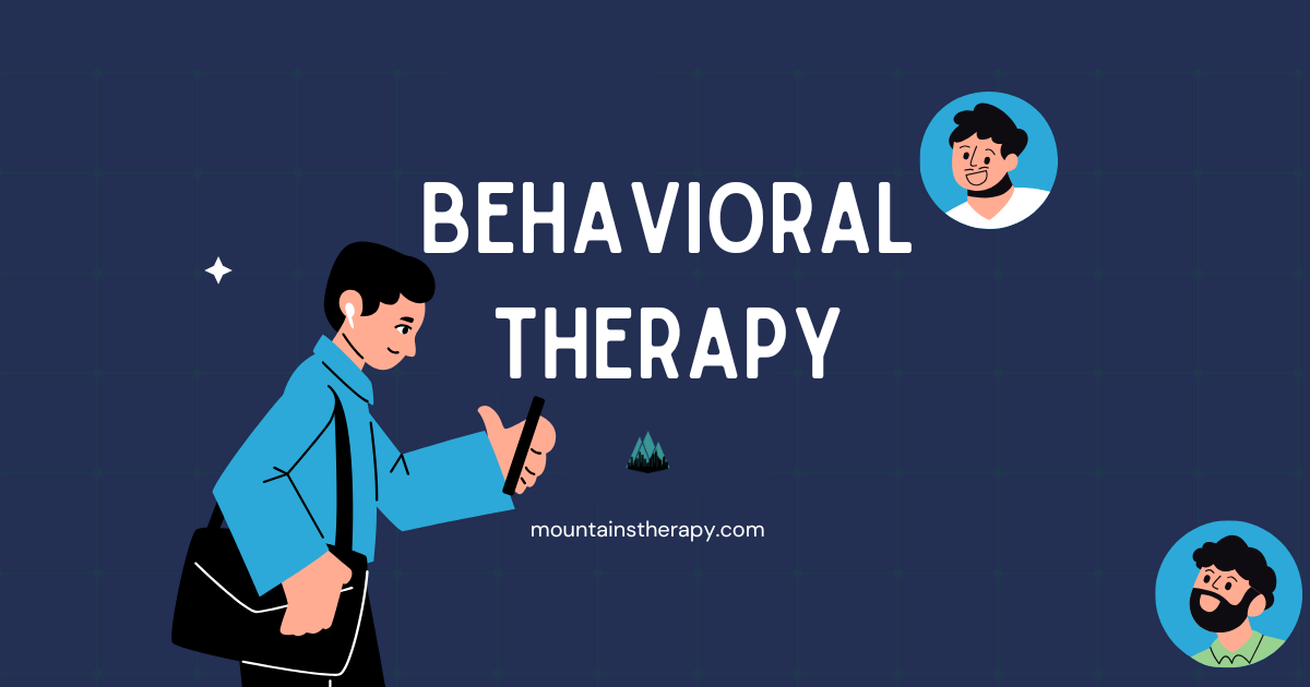 Man using a phone; text: Behavioral Therapy. Two people portraits, on a dark blue background.