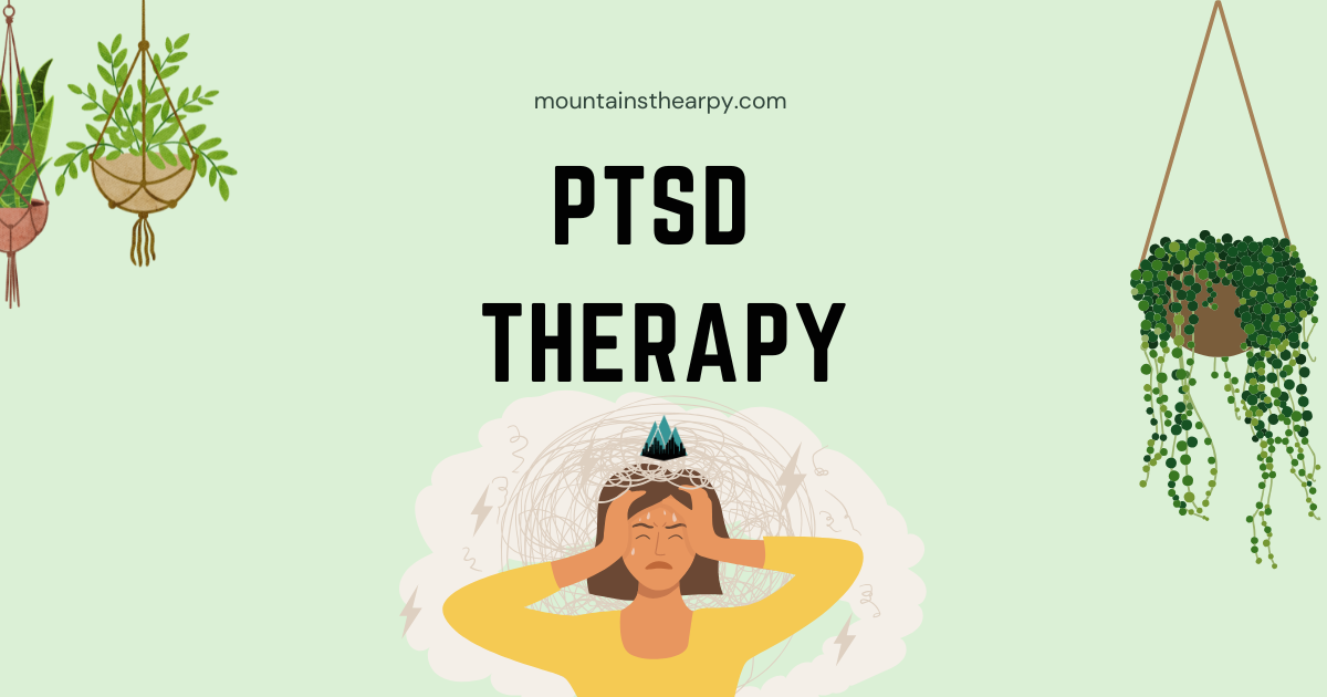 Woman holding head, surrounded by auras and plants. PTSD therapy text.
