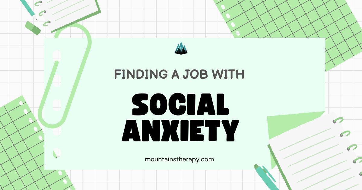 Text on social anxiety and job search, set with office supplies and light green tones.