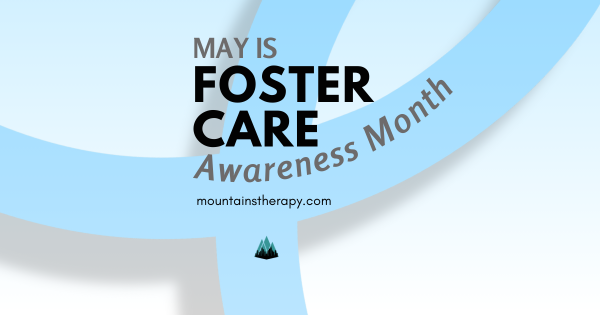 May is Foster Care Awareness Month graphic with blue ribbons.