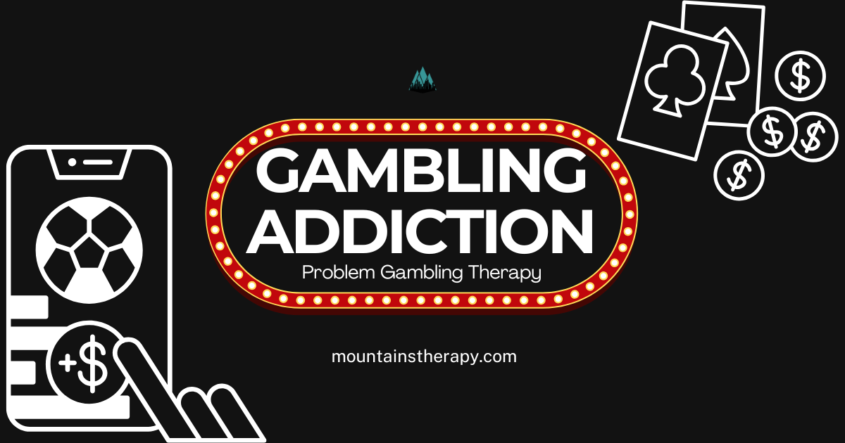 Black background with gambling addiction theme: phone, casino sign, cards, coins.