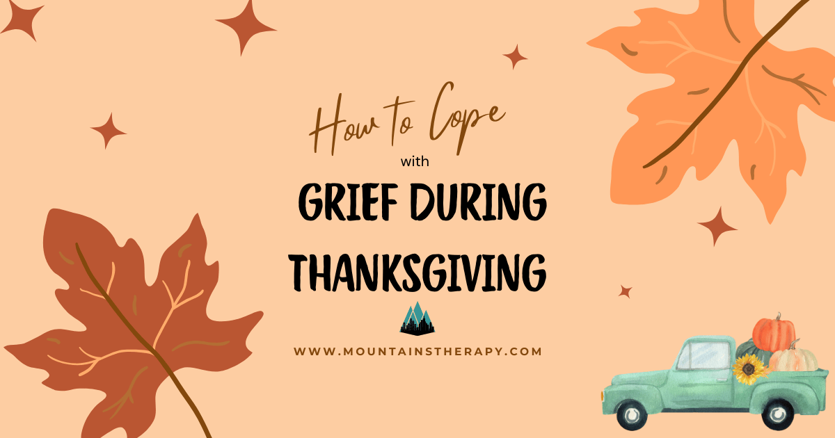 Thanksgiving grief tips graphic with fall leaves, a truck, and stars.