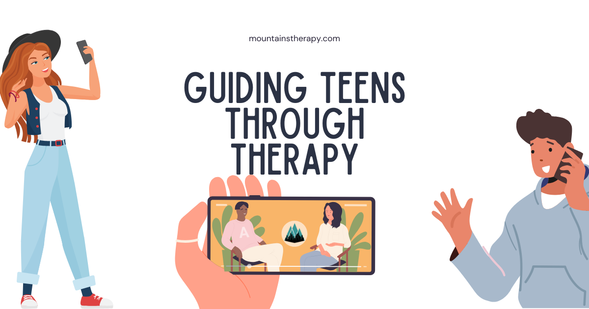 A banner with illustrations of teens, one taking a selfie, one talking on a phone, and a therapy session in a screen.