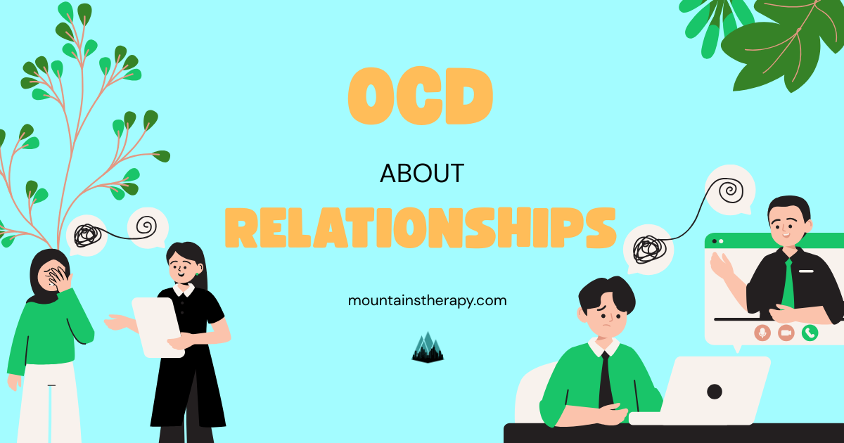 Illustration about OCD in relationships: people interacting; blue background with text.