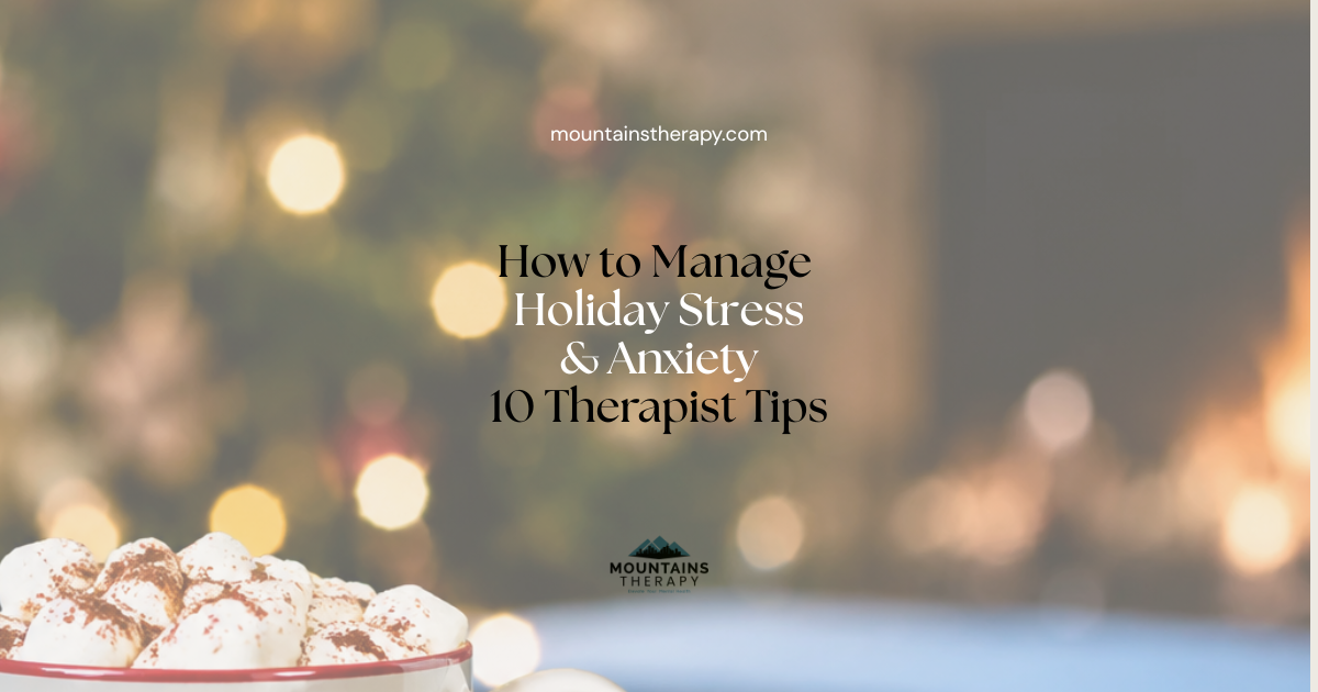 Holiday stress tips text over a warm, blurred festive background with dessert in the foreground