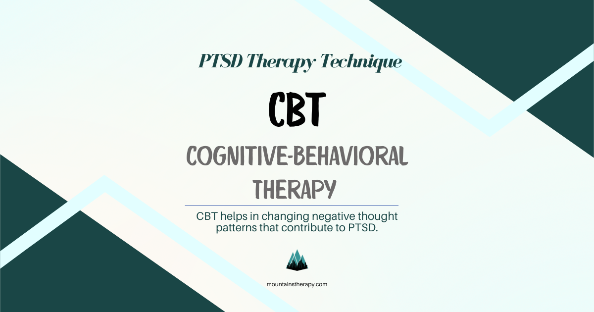 Slide on Cognitive-Behavioral Therapy (CBT) for PTSD. Teal and white design.