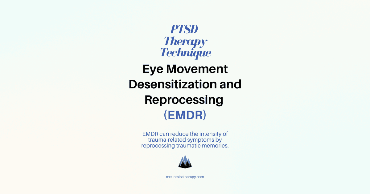 Graphic promoting EMDR therapy for PTSD, with text on a light blue background.
