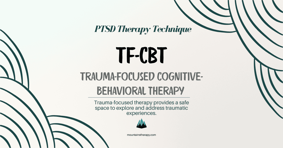 TF-CBT logo: Trauma-focused cognitive behavioral therapy. Wavy lines and a mountain graphic.