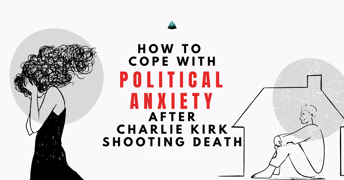 Stressed woman and man, text: Coping with Political Anxiety After Charlie Kirk Shooting.