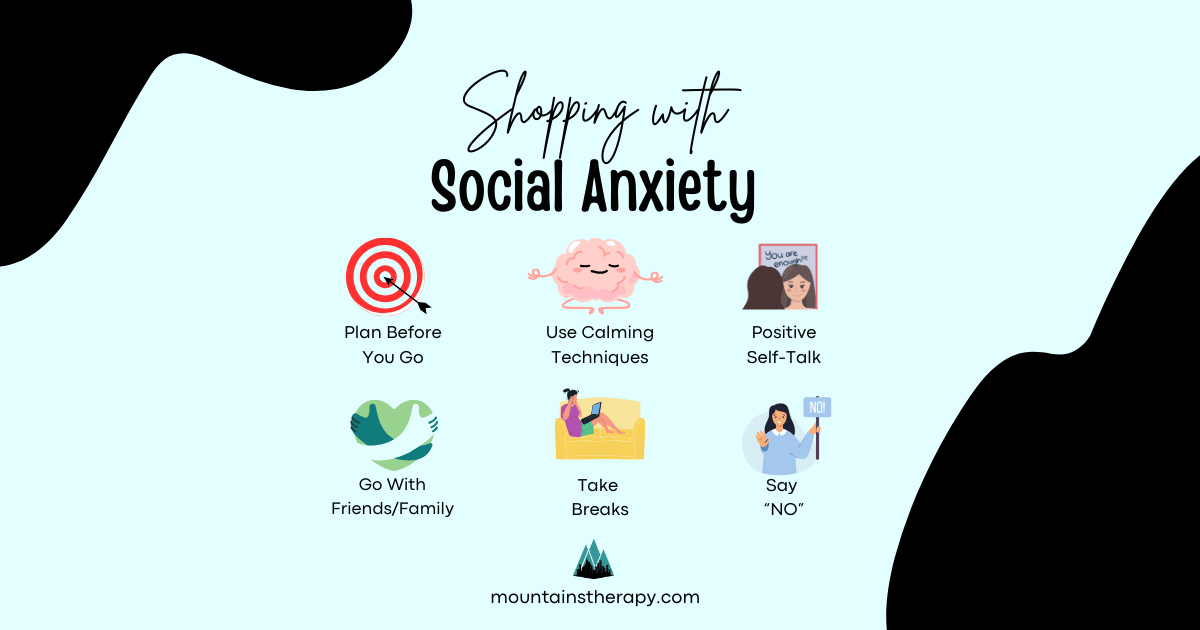 Infographic about shopping with social anxiety: tips like setting goals, taking breaks, and self-talk.