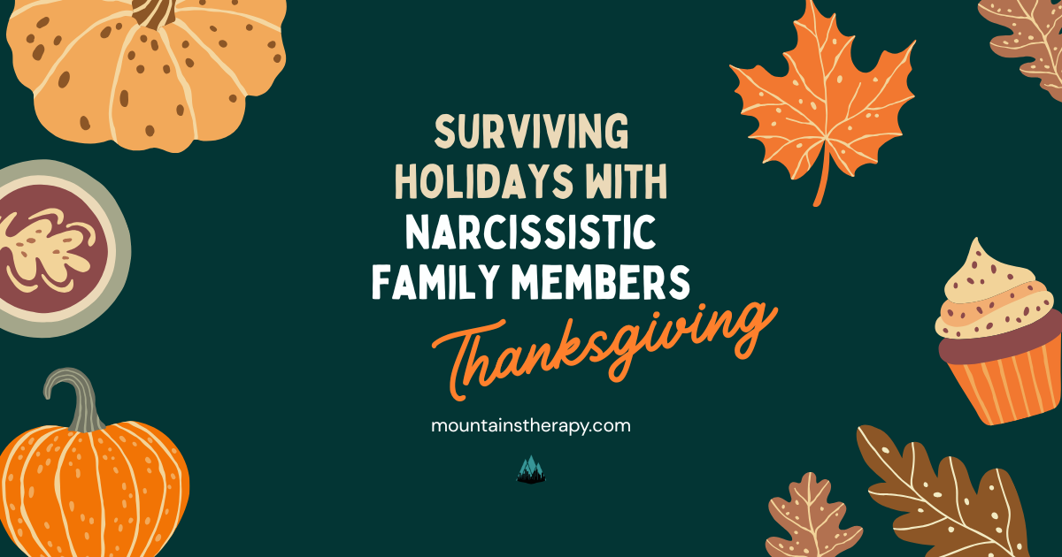 Thanksgiving graphic with fall leaves, pumpkins and text: 