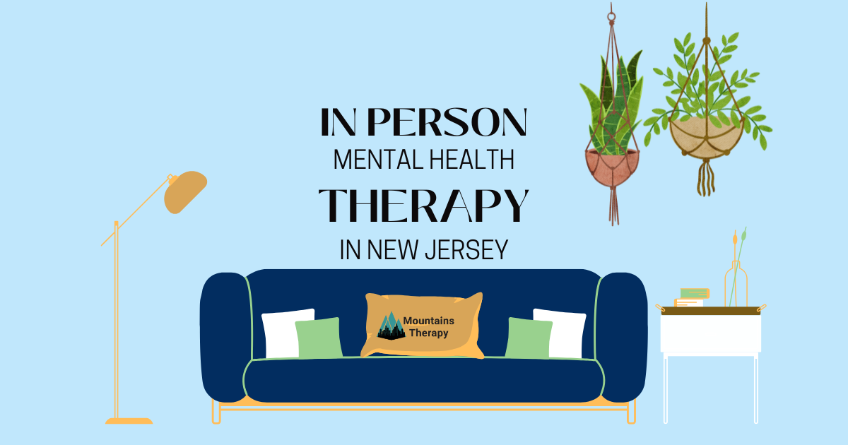 Blue room interior with couch, plants, and text: 