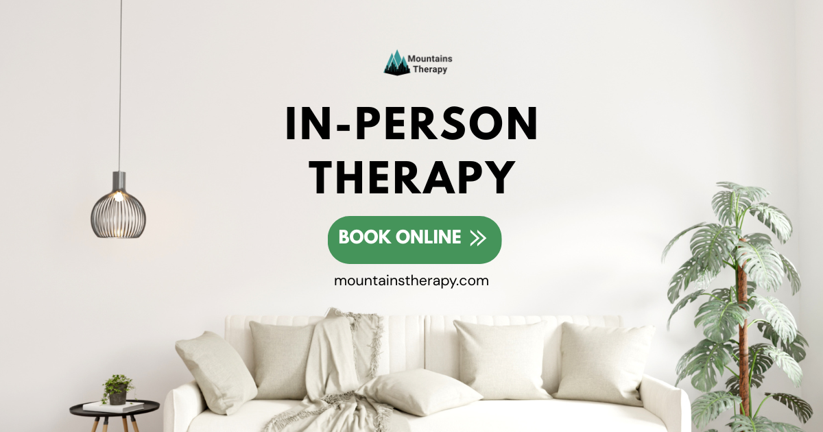 White room with couch; advertisement for in-person therapy. Book online button.