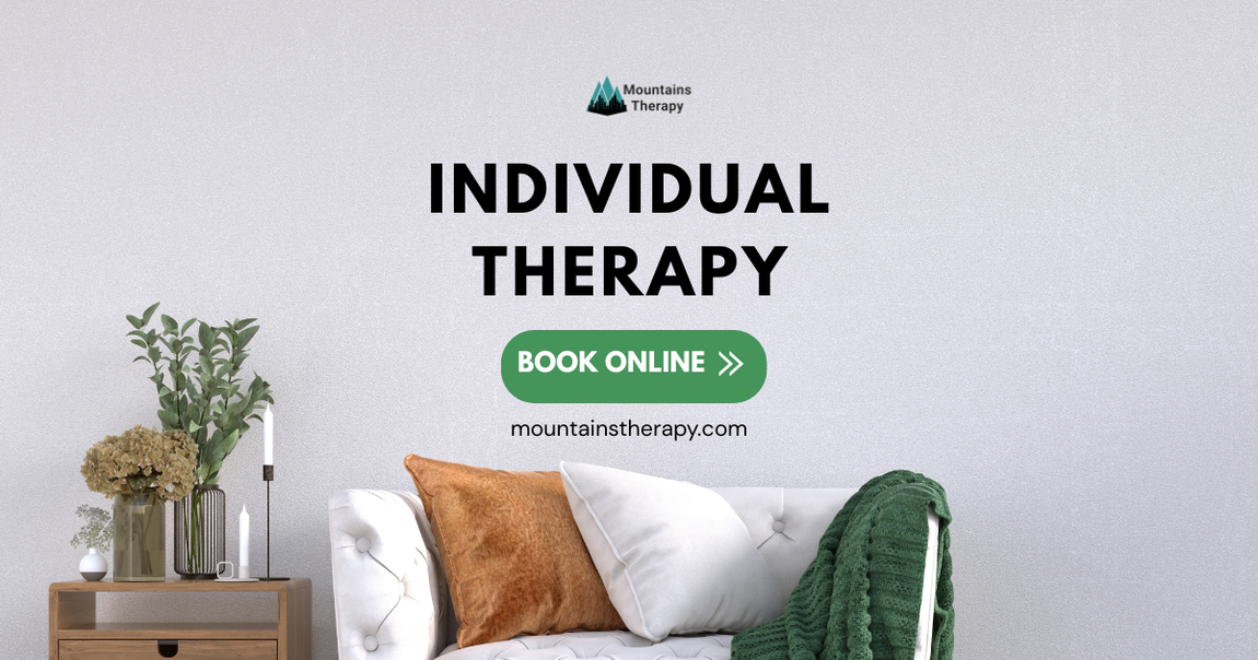 Individual therapy advertisement with a couch, pillows, and 